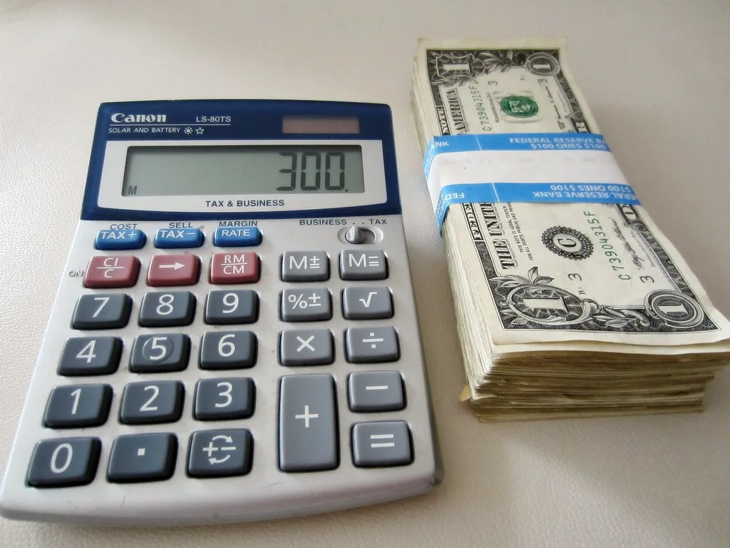 A calculator and tax paperwork on a desk